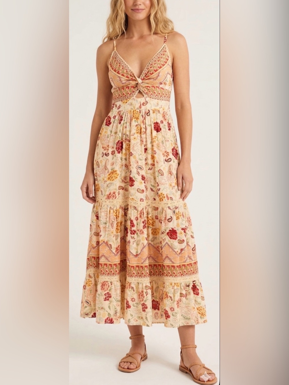 Angie Cream Maxi Dress with Red & Yellow Floral Pattern